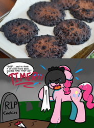 Size: 1024x1389 | Tagged: safe, artist:tranzmuteproductions, derpibooru import, pinkie pie, earth pony, pony, baking, baking judge pinkie, bouquet, burnt, comic, cookie, cough, coughing, dialogue, ears, emanata, eyes closed, female, floppy ears, food, funeral, gravestone, graveyard, handkerchief, mare, open mouth, photo, rain, rest in peace, solo, veil