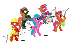 Size: 1024x675 | Tagged: safe, artist:kaylathehedgehog, derpibooru import, half note (g1), melody, pretty beat, sweet notes, tuneful, earth pony, pony, g1, base used, bow, cymbal, cymbals, drum kit, drums, drumstick, drumsticks, female, food, g1 to g4, generation leap, guitar, hair bow, jewelry, mare, meat, microphone, musical instrument, necklace, obtrusive text, piano, rockin' beats, singer, vector