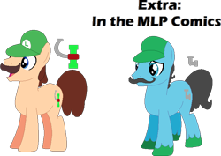 Size: 750x531 | Tagged: safe, artist:selenaede, artist:victorfazbear, derpibooru import, earth pony, pony, barely pony related, base used, brown mane, cap, crossover, cutie mark, facial hair, gray mane, hat, luigi, luigi's hat, male, moustache, ponified, simple background, stallion, standing, super mario bros., tail, transparent background, unshorn fetlocks