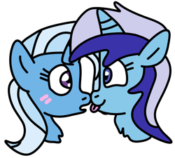 Size: 900x810 | Tagged: safe, artist:jadethepegasus, derpibooru import, minuette, trixie, pony, unicorn, :p, blushing, boop, chest fluff, eye contact, female, head only, horn, lesbian, looking at each other, mare, minixie, noseboop, open mouth, shipping, simple background, smiling, tongue, tongue out, transparent background, two toned mane