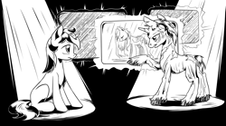 Size: 4256x2364 | Tagged: safe, artist:lexx2dot0, derpibooru import, fluttershy, oc, oc only, oc:blackjack, oc:goldenblood, ghoul, pony, undead, unicorn, fallout equestria, fallout equestria: project horizons, black and white, clon, fanfic art, grayscale, horn, monochrome, small horn