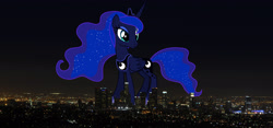 Size: 3430x1600 | Tagged: safe, artist:dashiesparkle edit, artist:theotterpony, derpibooru import, edit, princess luna, alicorn, pony, female, giant pony, giantess, highrise ponies, irl, macro, mare, photo, ponies in real life, solo, story included, vector, vector edit