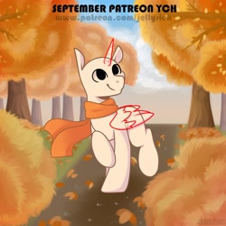 Size: 2894x2894 | Tagged: safe, artist:jellysiek, derpibooru import, oc, alicorn, earth pony, pegasus, pony, unicorn, autumn, clothes, commission, patreon, scarf, solo, your character here