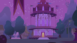 Size: 1280x720 | Tagged: safe, derpibooru import, screencap, friendship is magic, background, mountain, night, no pony, ponyville, ponyville town hall, scenic ponyville, sky, stars, statue, tree