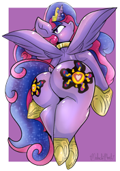 Size: 1179x1677 | Tagged: safe, artist:malachimoet, derpibooru import, princess cadance, princess celestia, princess luna, twilight sparkle, twilight sparkle (alicorn), oc, oc:queen galaxia, alicorn, pony, alicorn oc, alicorn princess, blushing, butt, commissioner:bigonionbean, crown, cutie mark, ethereal mane, ethereal tail, extra thicc, female, flank, fusion, fusion:queen galaxia, horn, horseshoes, jewelry, large butt, mare, plot, regalia, royalty, tail, wings, writer:bigonionbean