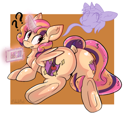 Size: 1104x1012 | Tagged: safe, artist:malachimoet, derpibooru import, apple bloom, dinky hooves, scootaloo, sweetie belle, oc, oc:princess young heart, alicorn, ghost, pony, alicorn oc, alicorn princess, butt, cellphone, commissioner:bigonionbean, confused, cutie mark, extra thicc, female, flank, fusion, fusion:princess young heart, horn, large butt, levitation, looking back, magic, mare, phone, plot, social media, telekinesis, wings, writer:bigonionbean