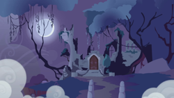 Size: 1280x720 | Tagged: safe, derpibooru import, screencap, friendship is magic, background, castle of the royal pony sisters, everfree forest, fog, moon, night, no pony, ruins, scenic ponyville, tree