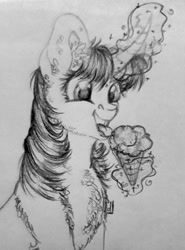 Size: 786x1060 | Tagged: safe, artist:skior, derpibooru import, twilight sparkle, pony, chest fluff, ear fluff, ears, fluffy, food, ice cream, magic, monochrome, solo, telekinesis, tongue, tongue out, traditional art