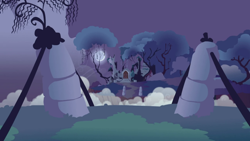 Size: 1280x720 | Tagged: safe, derpibooru import, screencap, friendship is magic, background, bridge, castle of the royal pony sisters, everfree forest, fog, moon, night, no pony, ruins, scenic ponyville, tree