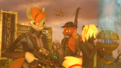 Size: 1920x1080 | Tagged: safe, artist:tfc0234, derpibooru import, oc, oc:calamity, oc:littlepip, oc:velvet remedy, anthro, fallout equestria, anthro oc, crossover, gauss rifle, looking at you, mi-24, rpk, s.t.a.l.k.e.r., weapon