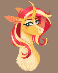 Size: 697x882 | Tagged: safe, artist:wanderingpegasus, derpibooru import, sunset shimmer, pony, unicorn, brown background, chest fluff, coat markings, curved horn, cute, female, horn, mare, redesign, shimmerbetes, simple background, solo, sunset shimmer day