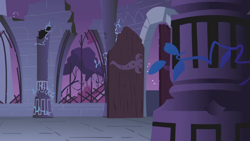 Size: 1280x720 | Tagged: safe, derpibooru import, screencap, friendship is magic, background, castle of the royal pony sisters, column, door, night, no pony, ruins, scenic ponyville