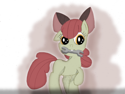 Size: 1100x832 | Tagged: safe, artist:someblockhead, derpibooru import, apple bloom, earth pony, pony, female, filly, mouth hold, solo, wrench