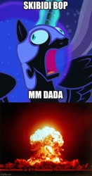 Size: 500x954 | Tagged: safe, derpibooru import, nightmare moon, alicorn, pony, derp, explosion, female, hiatus, mare, meme, nightmare moon moon, skibidi bop mm dada