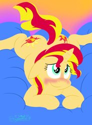 Size: 2590x3526 | Tagged: safe, artist:rupertbluefox, derpibooru import, sunset shimmer, pony, unicorn, bed, blushing, both cutie marks, bunset shimmer, butt, cushion, cute, female, lineless, lying down, mare, plot, prone, shimmerbetes, smiling, sploot, spread legs, spreading
