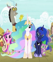 Size: 621x720 | Tagged: safe, derpibooru import, screencap, discord, princess cadance, princess celestia, princess luna, spike, alicorn, draconequus, dragon, twilight's kingdom, cropped, female, looking at you, male, mountain, ponyville