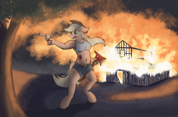 Size: 3886x2568 | Tagged: safe, artist:reddthebat, derpibooru import, applejack, anthro, earth pony, blood, bullet wound, burning the evidence, colt single action army, fire, fire axe, gun, handgun, night, revolver, solo, weapon