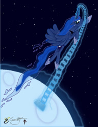 Size: 1024x1330 | Tagged: safe, artist:smilodonkahn, derpibooru import, princess luna, alicorn, pony, chains, female, flying, glowing, glowing horn, horn, magic, magic aura, mare, moon, solo, telekinesis