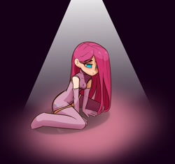 Size: 1000x941 | Tagged: safe, artist:inky_mitts, derpibooru import, pinkie pie, human, party of one, female, humanized, pinkamena diane pie, sad, scene interpretation, solo, spotlight, zettai ryouiki