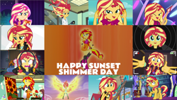 Size: 4331x2438 | Tagged: safe, derpibooru import, edit, edited screencap, editor:quoterific, screencap, fluttershy, sunset shimmer, pony, unicorn, eqg summertime shorts, equestria girls, equestria girls series, forgotten friendship, friendship games, game stream, i'm on a yacht, mirror magic, my past is not today, spring breakdown, the last drop, the last drop: sunset shimmer, spoiler:eqg series (season 2), spoiler:eqg specials, apron, art, art class, belly button, bikini, clothes, flower, guitar, how to backstage, musical instrument, open mouth, paint, paintbrush, painting, phone, ponied up, ponified, purse, sarong, solo, sunflower, sunset shimmer day, swimsuit, tell me what you need