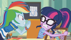 Size: 3410x1920 | Tagged: safe, derpibooru import, screencap, rainbow dash, sci-twi, twilight sparkle, better together, equestria girls, the last day of school, book, bowtie, clothes, cutie mark, cutie mark on clothes, female, geode of super speed, glasses, high res, hoodie, jewelry, magical geodes, necklace, ponytail, yelling