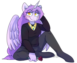 Size: 2622x2160 | Tagged: safe, artist:2k.bugbytes, oc, oc only, alicorn, anthro, unguligrade anthro, alicorn oc, female, flower, horn, lidded eyes, looking at you, rose, simple background, sitting, smiling, solo, transparent background, wings