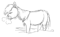Size: 1004x614 | Tagged: safe, artist:anonymous, ponerpics import, earth pony, pony, breath, monochrome, simple background, snow, snowmare, snowpony (species), taiga pony, yakutian horse