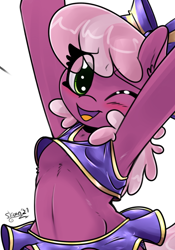 Size: 534x762 | Tagged: safe, artist:skoon, cheerilee, earth pony, pony, armpits, belly button, blushing, cheeribetes, cheerileeder, cheerleader, cheerleader outfit, cropped, cute, explicit source, female, hooves in air, looking at you, mare, one eye closed, open mouth, open smile, preview, simple background, smiling, smiling at you, solo, white background, wink, winking at you