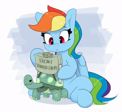 Size: 2735x2526 | Tagged: safe, artist:pabbley, rainbow dash, tank, pegasus, pony, tortoise, claymore, claymore mine, duo, ear fluff, ears, female, holding, land mine, looking down, male, mare, sitting, smiling, tape, this will end in death, this will end in tears, weapon