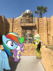 Size: 774x1032 | Tagged: safe, edit, editor:undeadponysoldier, photographer:undeadponysoldier, daring do, rainbow dash, spike, dragon, pegasus, pony, aztec, aztec pyramid, best friends, clothes, confident, female, hanging out, happy, hat, irl, male, mare, minigolf, myrtle beach, photo, ponies in real life, replica, summer, vacation