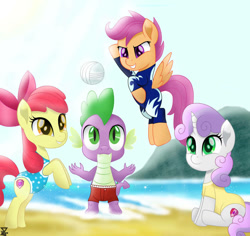 Size: 921x868 | Tagged: safe, artist:theretroart88, apple bloom, scootaloo, spike, sweetie belle, dragon, earth pony, pegasus, pony, unicorn, ball, beach, best friends, clothes, competitive, cute, cutie mark crusaders, female, filly, fun, happy, ocean, one-piece swimsuit, playing, sand, summer, swimming trunks, swimsuit, they grow up so fast, volleyball, water