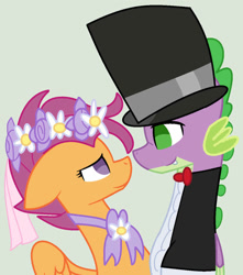 Size: 840x952 | Tagged: safe, artist:jadethepegasus, scootaloo, spike, dragon, pegasus, pony, clothes, cute, eye contact, female, filly, flower, flower in hair, headdress, looking at each other, male, scootaspike, shipping, suit, top hat, tuxedo, wedding dress