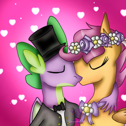 Size: 768x768 | Tagged: safe, artist:commandereclipse, scootaloo, spike, dragon, pegasus, pony, bowtie, clothes, cute, eyes closed, female, flower, flower in hair, hat, headdress, heart, kiss on the lips, kissing, male, mare, older, older scootaloo, older spike, scootaspike, shipping, straight, suit, top hat, tuxedo, wedding dress