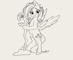 Size: 2940x2440 | Tagged: safe, artist:miokomata, derpibooru import, fluttershy, pegasus, pony, bipedal, chest fluff, female, freckles, freckleshy, grayscale, hoof hold, looking at you, mare, monochrome, smiling, smiling at you, solo, staff