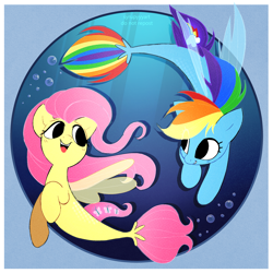 Size: 2330x2330 | Tagged: safe, artist:syrupyyy, derpibooru import, fluttershy, rainbow dash, pegasus, seapony (g4), my little pony: the movie, blue background, bubble, crepuscular rays, cute, dashabetes, dorsal fin, duo, female, fin wings, fins, fish tail, flowing mane, flowing tail, looking at each other, mare, open mouth, seaponified, seapony fluttershy, seapony rainbow dash, shyabetes, simple background, smiling, species swap, swimming, tail, underwater, water, water bubble, wings