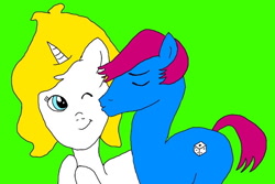 Size: 710x474 | Tagged: safe, artist:galeemcrusher, derpibooru import, oc, oc only, oc:cherry kisses, oc:white heart, earth pony, pony, unicorn, digital art, eyes closed, female, kissing, male, oc x oc, shipping, straight