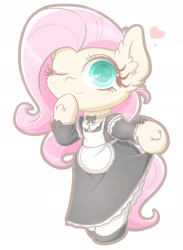 Size: 1406x1920 | Tagged: safe, artist:phoenixrk49, derpibooru import, fluttershy, pegasus, pony, bipedal, blushing, clothes, cute, daaaaaaaaaaaw, ear fluff, ears, female, floating heart, fluttermaid, heart, hoof fluff, looking at you, maid, mare, one eye closed, shyabetes, smiling, solo, wink, winking at you