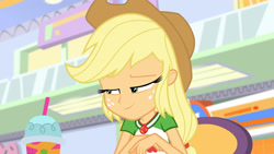 Size: 3410x1920 | Tagged: safe, derpibooru import, screencap, applejack, equestria girls, equestria girls series, rollercoaster of friendship, applejack's hat, clothes, cowboy hat, cutie mark, cutie mark on clothes, female, geode of super strength, hat, high res, jewelry, lidded eyes, magical geodes, necklace, smiling, solo