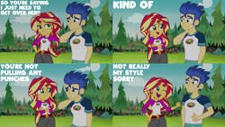Size: 1280x720 | Tagged: safe, derpibooru import, edit, edited screencap, editor:quoterific, screencap, flash sentry, sunset shimmer, equestria girls, legend of everfree, camp everfree outfits, crossed arms, female, hand on hip, male, one eye closed, open mouth, smiling