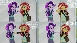 Size: 1280x720 | Tagged: safe, derpibooru import, edit, edited screencap, editor:quoterific, screencap, starlight glimmer, sunset shimmer, equestria girls, mirror magic, spoiler:eqg specials, eyes closed, female, geode of empathy, hand on hip, jewelry, magical geodes, necklace, one eye closed, open mouth, smiling