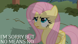 Size: 1280x720 | Tagged: safe, derpibooru import, edit, edited screencap, editor:quoterific, screencap, fluttershy, iron will, pegasus, pony, putting your hoof down, season 2, female, male, mare, open mouth, solo focus