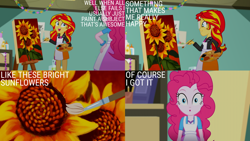 Size: 1280x720 | Tagged: safe, derpibooru import, edit, edited screencap, editor:quoterific, screencap, pinkie pie, sunset shimmer, eqg summertime shorts, equestria girls, the art of friendship, :o, brush, easel, female, flower, open mouth, painting, smiling, sunflower