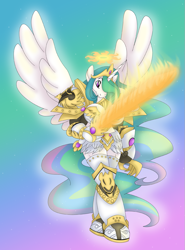 Size: 741x1000 | Tagged: safe, artist:akuoreo, derpibooru import, princess celestia, alicorn, anthro, armor, crossover, crown, cutie mark, empress, ethereal mane, ethereal tail, female, fire, flaming sword, flowing mane, flowing tail, god empress of ponykind, god-emperor of mankind, gradient background, halo, horn, jewelry, mare, multicolored mane, multicolored tail, power armor, powered exoskeleton, praise the sun, purple eyes, regalia, royalty, solo, sparkles, spread wings, sword, tiara, warhammer (game), warhammer 40k, warrior, warrior celestia, weapon, wings
