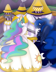 Size: 771x1000 | Tagged: safe, artist:akuoreo, derpibooru import, princess celestia, princess luna, alicorn, anthro, canterlot, clothes, dress, duo, female, future, gown, mare, royal sisters, science fiction, siblings, sisters, smiling