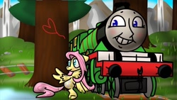 Size: 1024x576 | Tagged: safe, artist:erikschroth, derpibooru import, fluttershy, henry, pegasus, pony, crossover, railroad, thomas and friends, thomas the tank engine, train