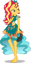 Size: 4750x9650 | Tagged: safe, artist:cencerberon, derpibooru import, sunset shimmer, equestria girls, legend of everfree, absurd resolution, alternate hairstyle, barefoot, clothes, crystal gala dress, dress, feet, female, holding shoes, legend of everfeet, shoes removed, simple background, smiling, solo, transparent background, vector