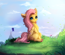 Size: 4000x3430 | Tagged: safe, artist:miokomata, derpibooru import, fluttershy, butterfly, pegasus, pony, blushing, colored hooves, cute, daaaaaaaaaaaw, female, freckles, freckleshy, grass, looking at you, mare, miokomata is trying to murder us, shyabetes, sitting, solo