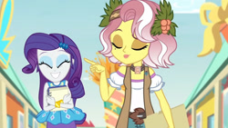 Size: 3410x1920 | Tagged: safe, derpibooru import, screencap, rarity, vignette valencia, better together, equestria girls, rollercoaster of friendship, bracelet, eyes closed, female, grin, hairpin, high res, jewelry, rarity peplum dress, smiling
