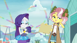 Size: 3410x1920 | Tagged: safe, derpibooru import, screencap, rarity, vignette valencia, better together, equestria girls, rollercoaster of friendship, blushing, bracelet, female, hairpin, high res, jewelry, rarity peplum dress, smiling