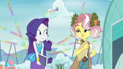 Size: 3410x1920 | Tagged: safe, derpibooru import, screencap, rarity, vignette valencia, better together, equestria girls, rollercoaster of friendship, bracelet, female, geode of shielding, hairpin, high res, jewelry, magical geodes, rarity peplum dress, smiling